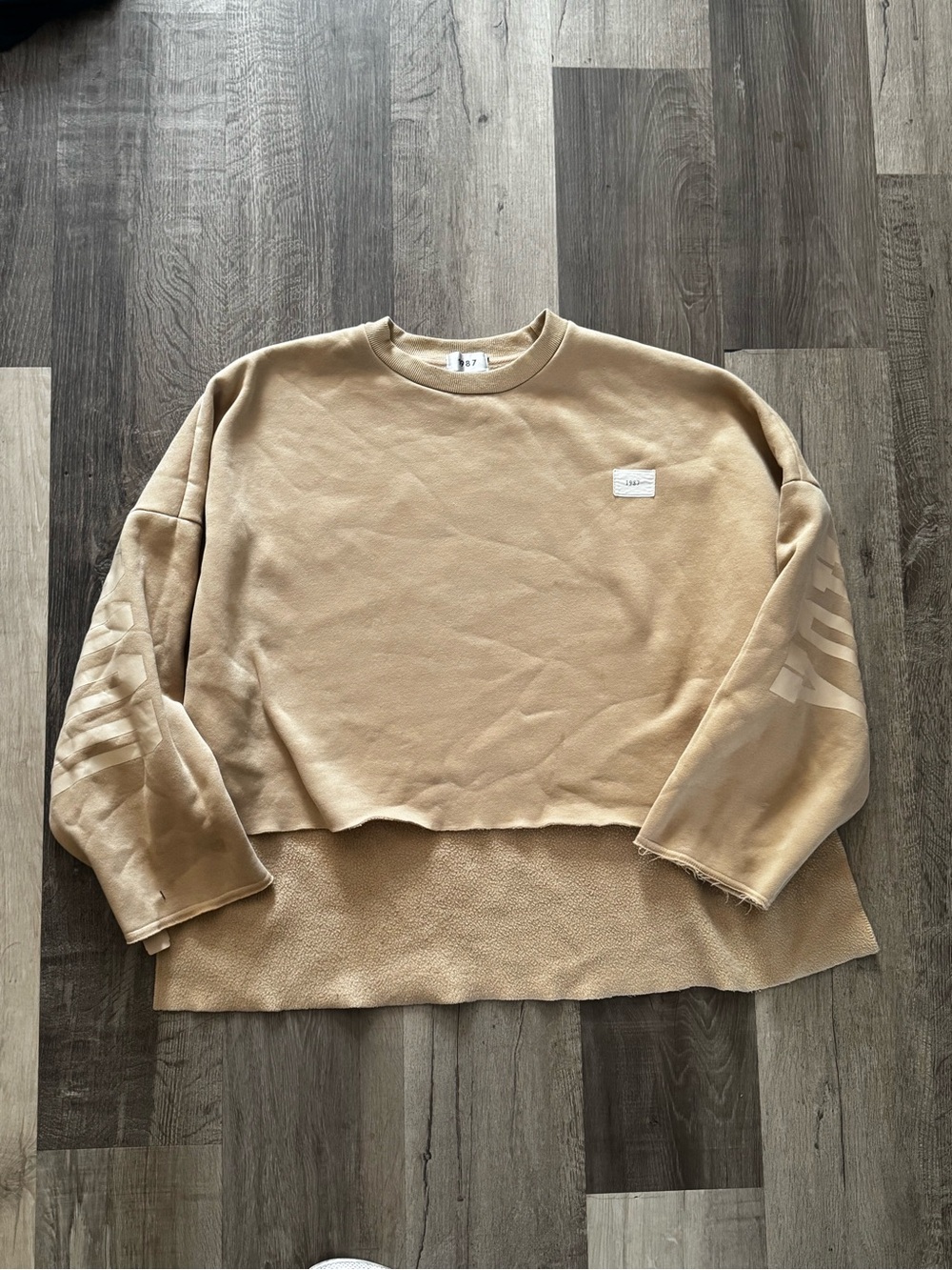 Women’s 1987 cropped Tan Crewneck Sweatshirt with You Look Wicked Good on back